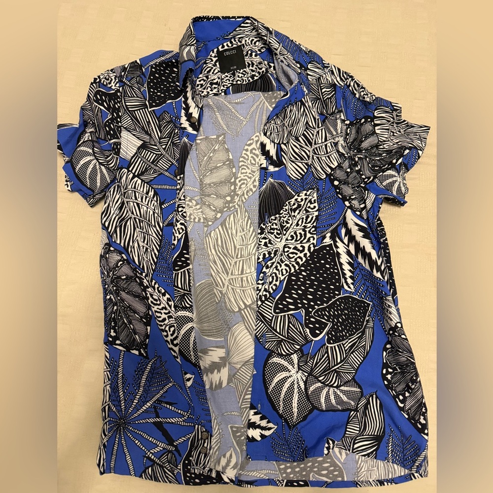 Cello Blue and Black Tropical Print Men's Shirt